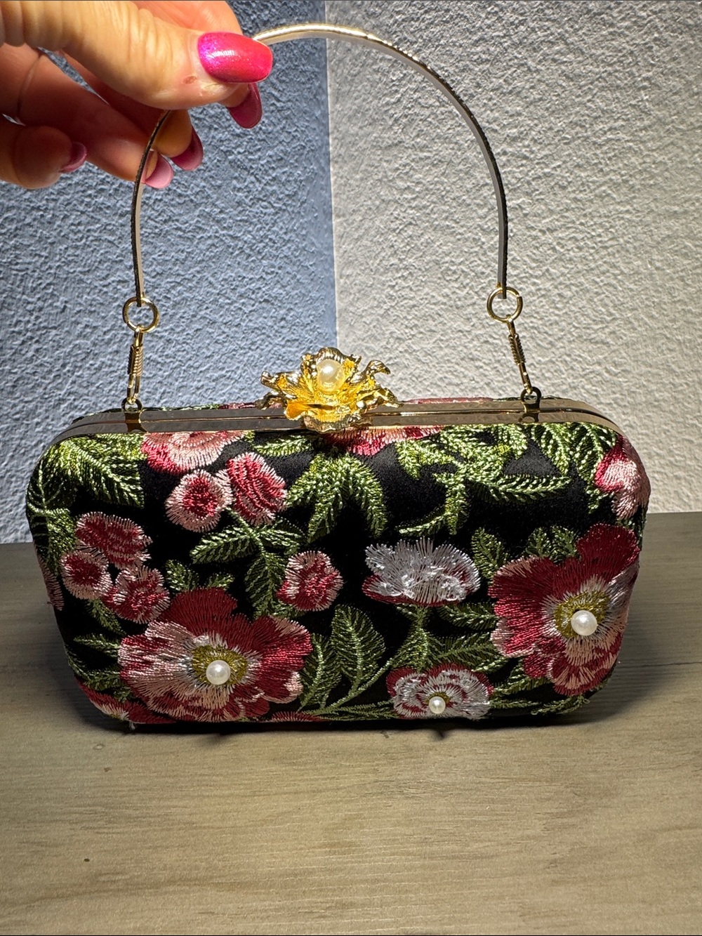 Floral Embroidered Satin Box Clutch Pearl Kiss Lock Evening Bag